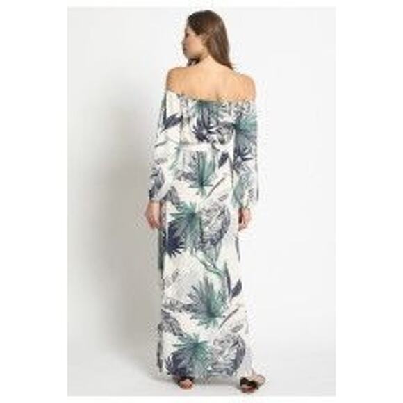 NEW Boho Tropical Palm Print Off Shoulder Maxi Dress 3/4 Sleeve TieWaist S White - Picture 5 of 15
